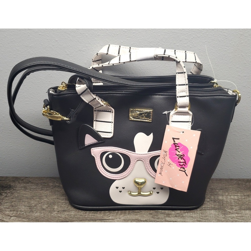 Luv Betsey By Betsey Johnson Kitty Cat Black Satchel Purse Bag Pink Glasses NWT